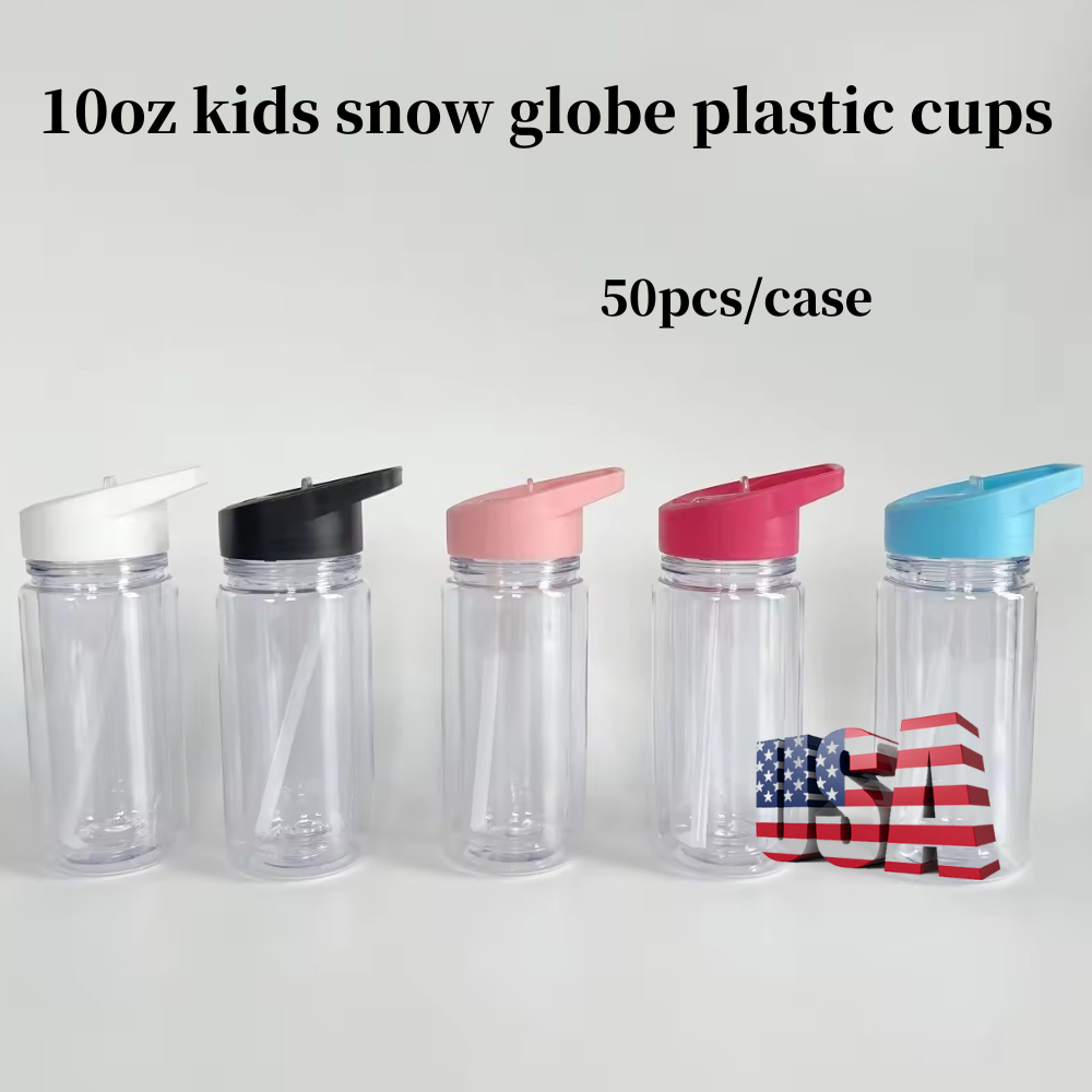 10oz Kids Double Wall Snow Globe Plastic Cups With Plug and Pre-drilled Hole 50Pack USA Warehouse