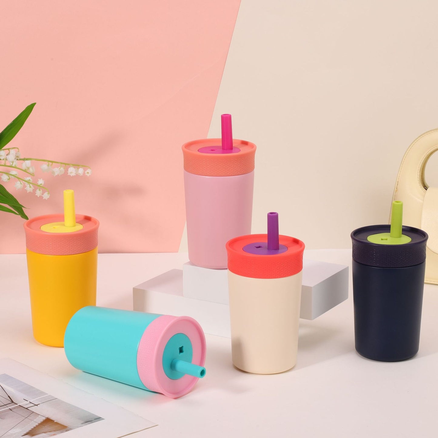 25Pack China Warehouse 12oz Owala Style Kids Double Wall Stainless Steel Cups with Silicone Straws Cute Macaron Color Tumblers for Laser Engraving