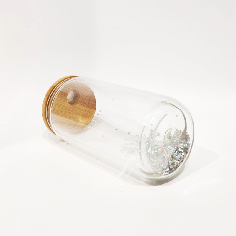 12oz Snow Globe Sublimation Glass Can With Bamboo Lids with Pre Drilled Hole and Plug 25Pack China Warehouse