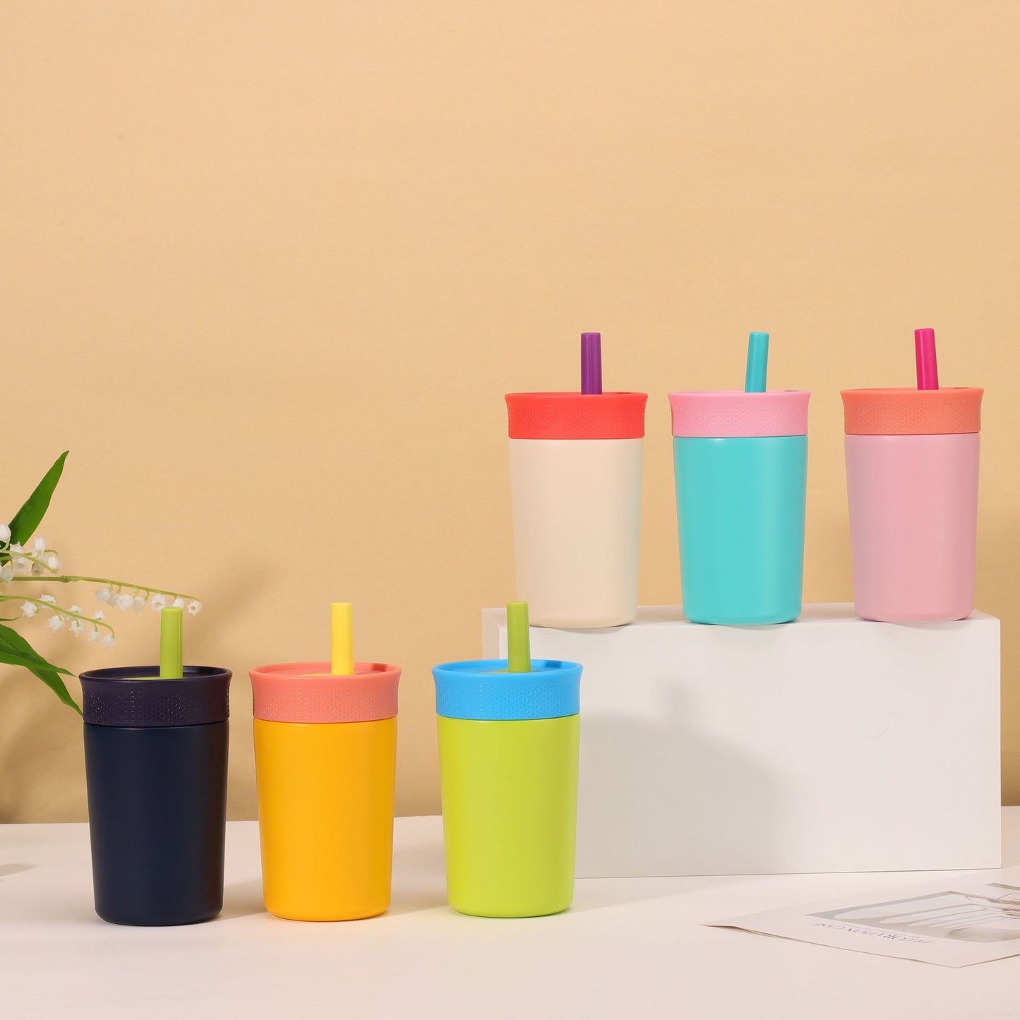 25Pack China Warehouse 12oz Owala Style Kids Double Wall Stainless Steel Cups with Silicone Straws Cute Macaron Color Tumblers for Laser Engraving