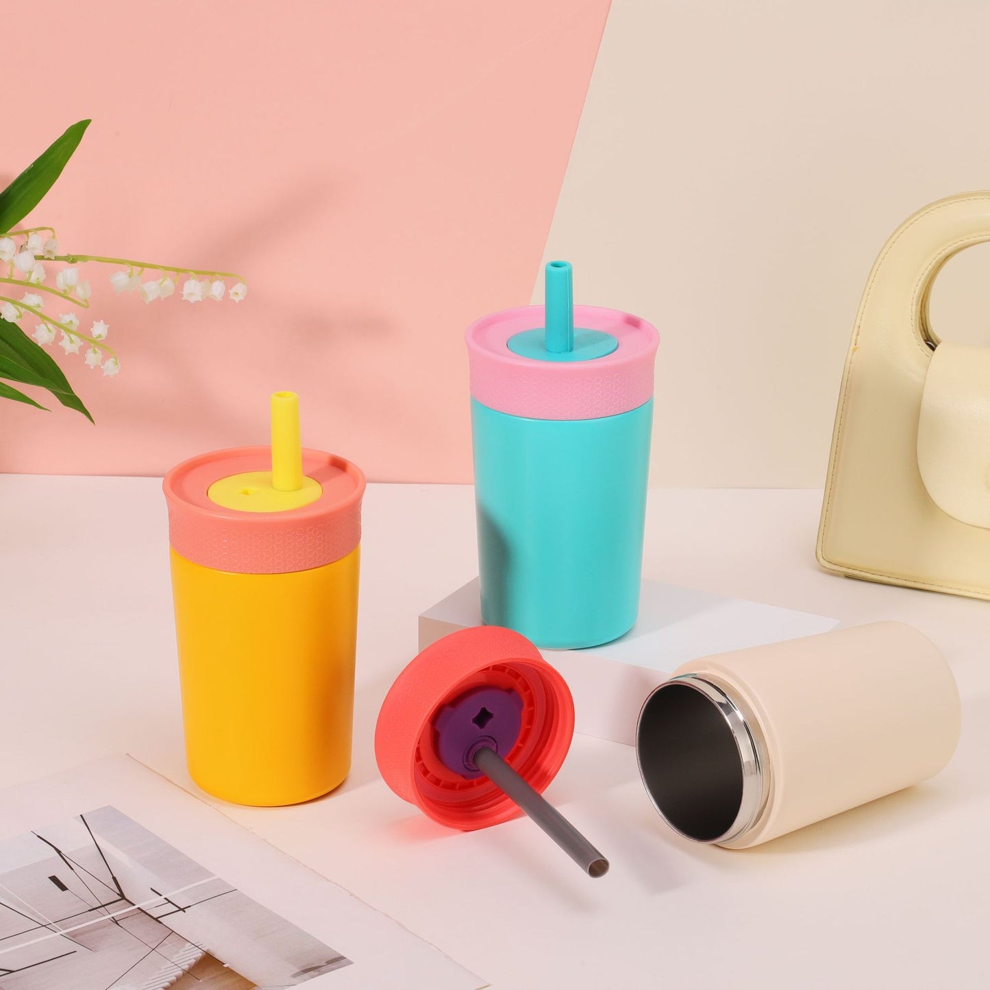 25Pack China Warehouse 12oz Owala Style Kids Double Wall Stainless Steel Cups with Silicone Straws Cute Macaron Color Tumblers for Laser Engraving