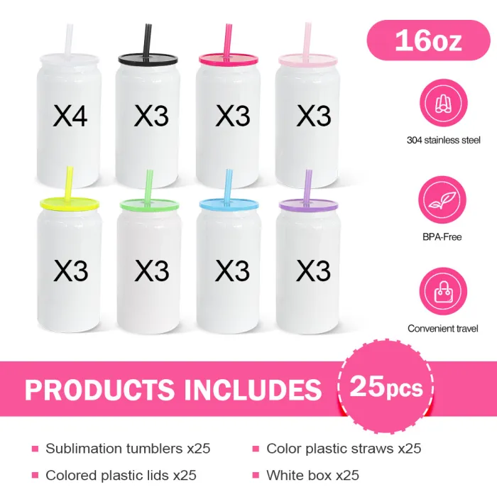 16oz White Stainless Steel Sublimation Cup Libby Shape Soda Beer Can for UV DTF Wraps 25 Pack USA Warehouse