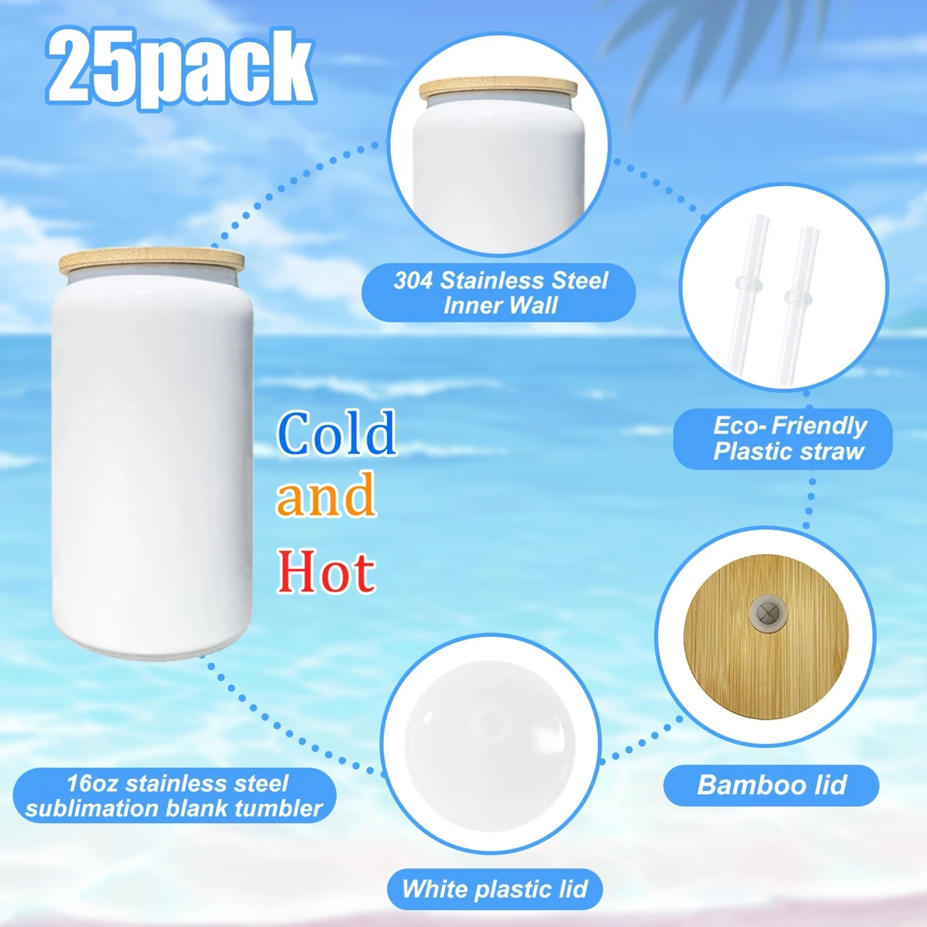 16oz White Blank Sublimation Stainless Steel Can with Wooden and Plastic Two Lids 25Pack China Warehouse