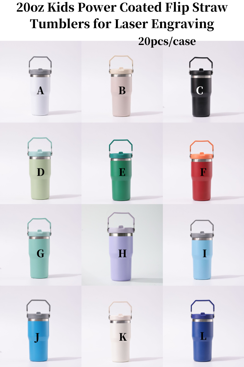 20Pack China Warehouse 20oz Kids Powder Coated Flip Straw Tumblers Double Wall Stainless Steel Water Bottles for Laser Engraving