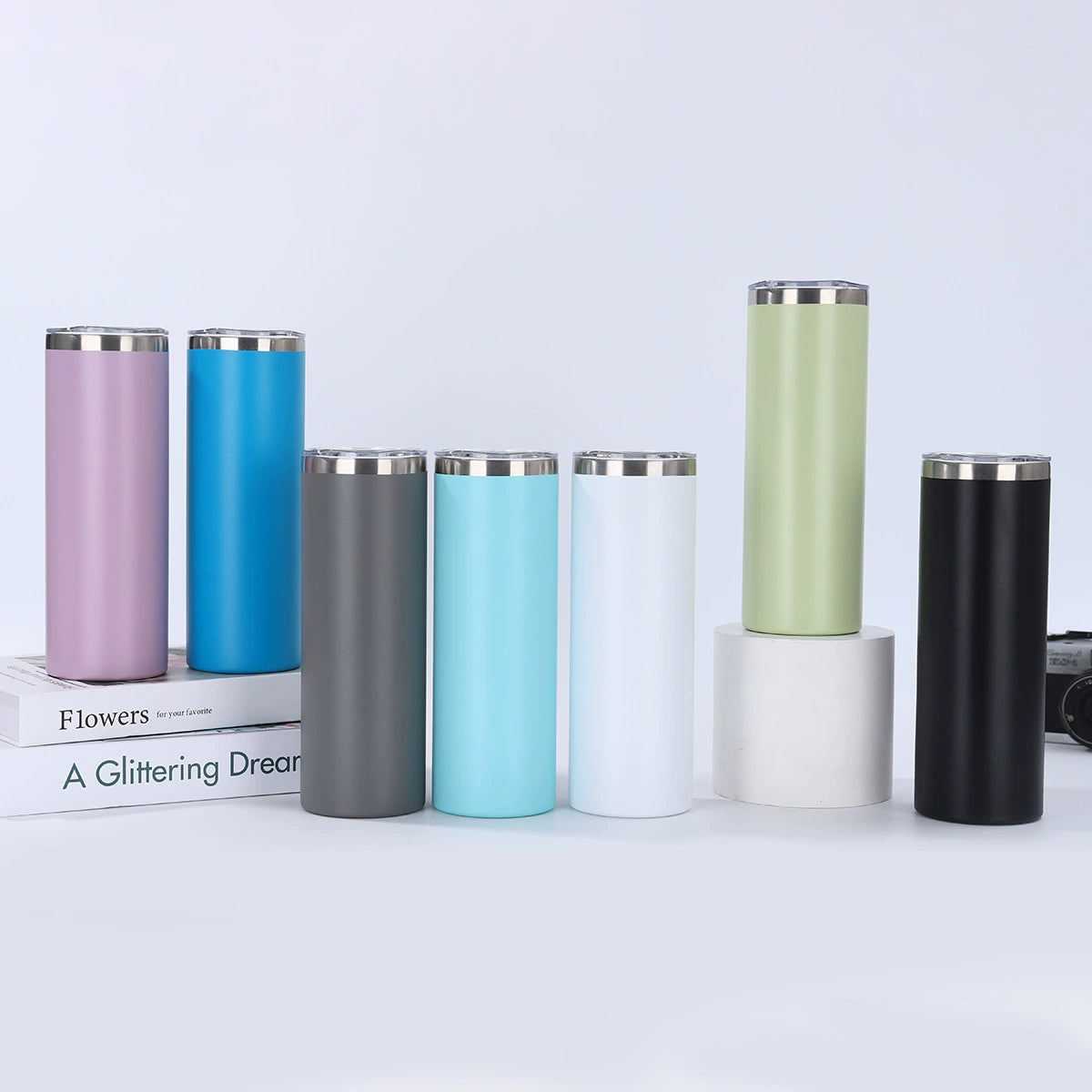 25Pack 20oz Powder Coated Sliver Plated Double Wall Stainless Steel Skinny Tumblers for Laser Engraving