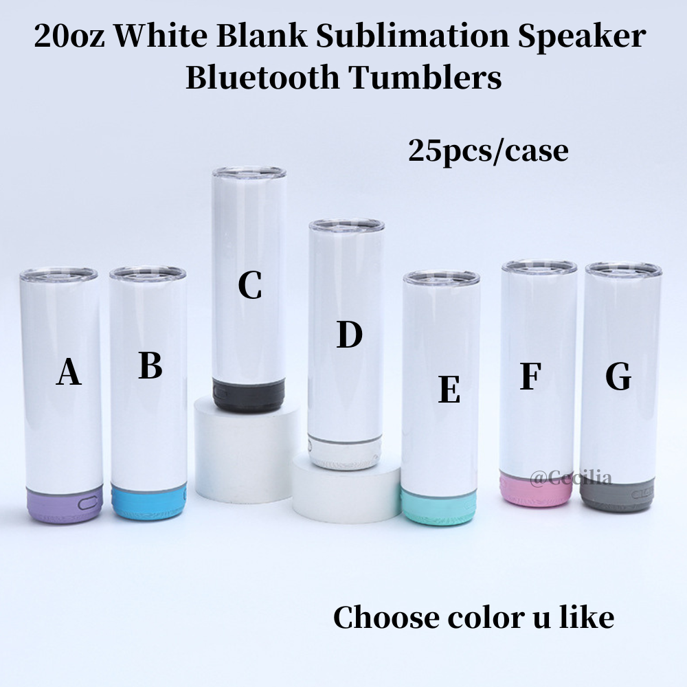 20oz White Blank Sublimation Straight Music Player Bluetooth Speaker Tumblers 12 Pack