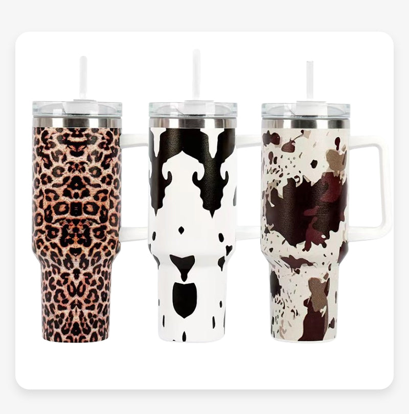 40oz 3D Leopard Print Tumblers with Handle Insulated Vacuum Stainless Steel Travel Mugs 20Pack China Warehouse