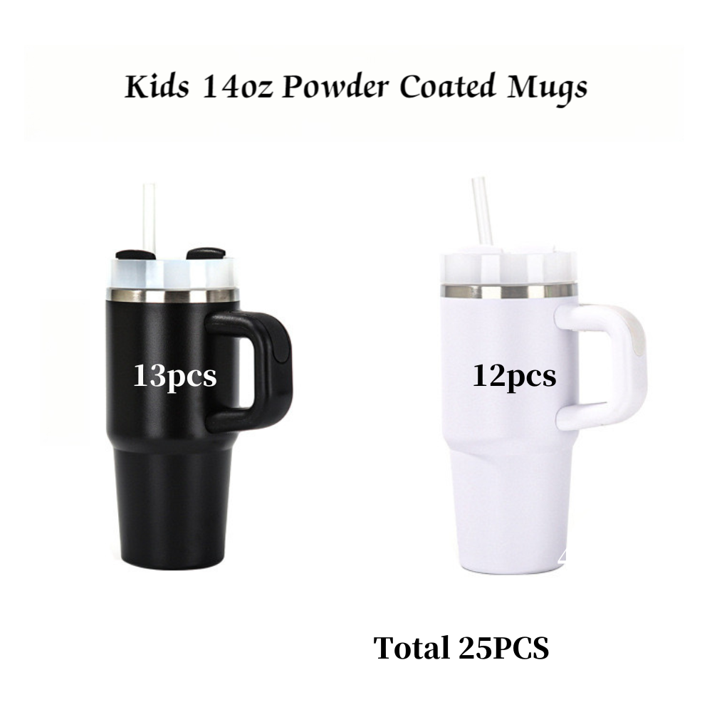 14oz Kids Powder Coated Quencher Tumblers with Mini Handle for Laser Engraving 25Pack USA Warehouse