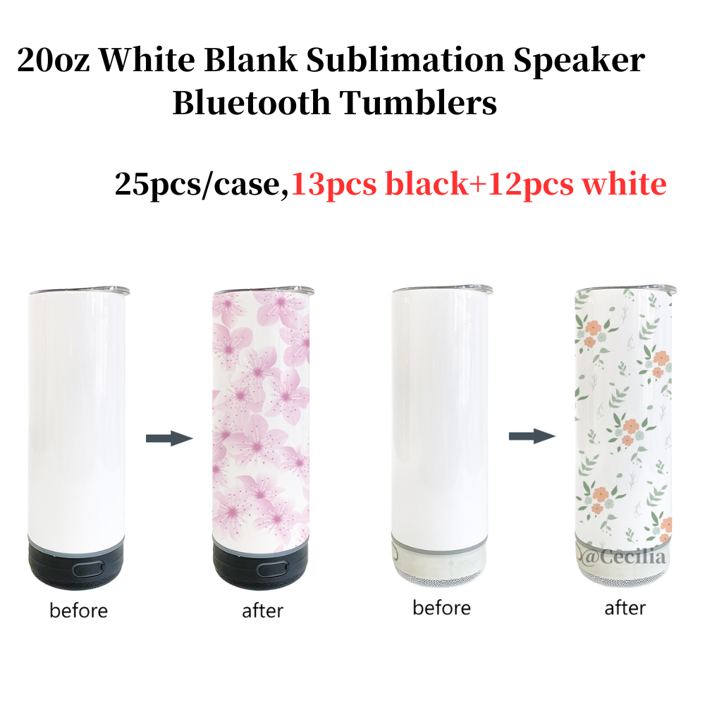20oz White Blank Sublimation Straight Music Player Bluetooth Speaker Tumblers 12 Pack