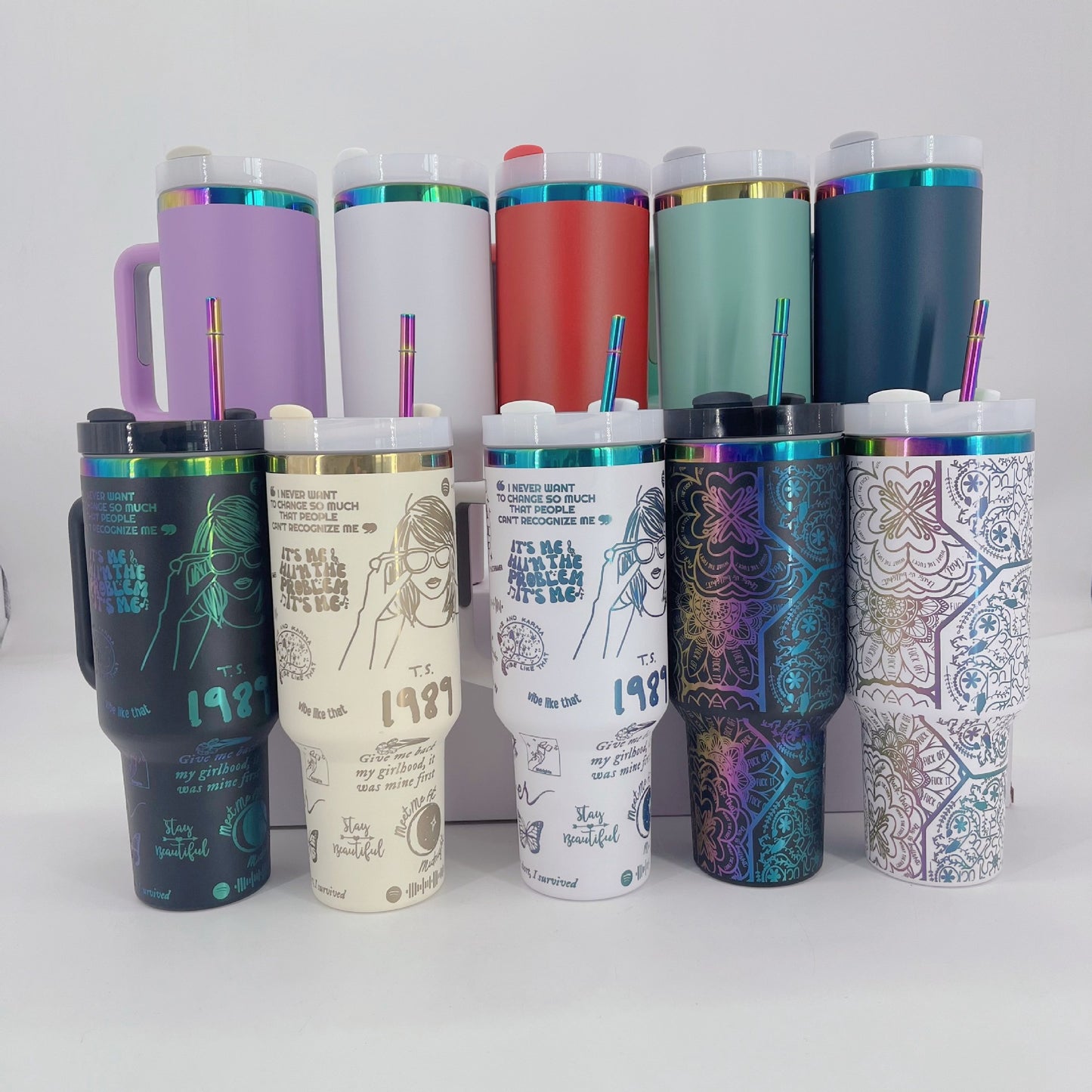 40oz 🌈Rainbow Plated Tumblers Powder Coated Quencher Tumbler with Meatl Straw for Laser Engraving 20Pack China
