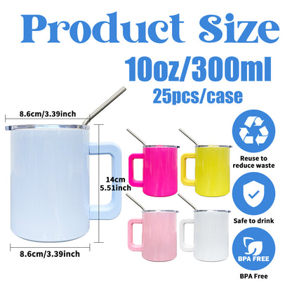 25 Pack USA Warehouse 10oz Blank Sublimation Macaron Color Lowball Metal Tumblers Mugs With Removable Plastic Handle and Magnetic Lids