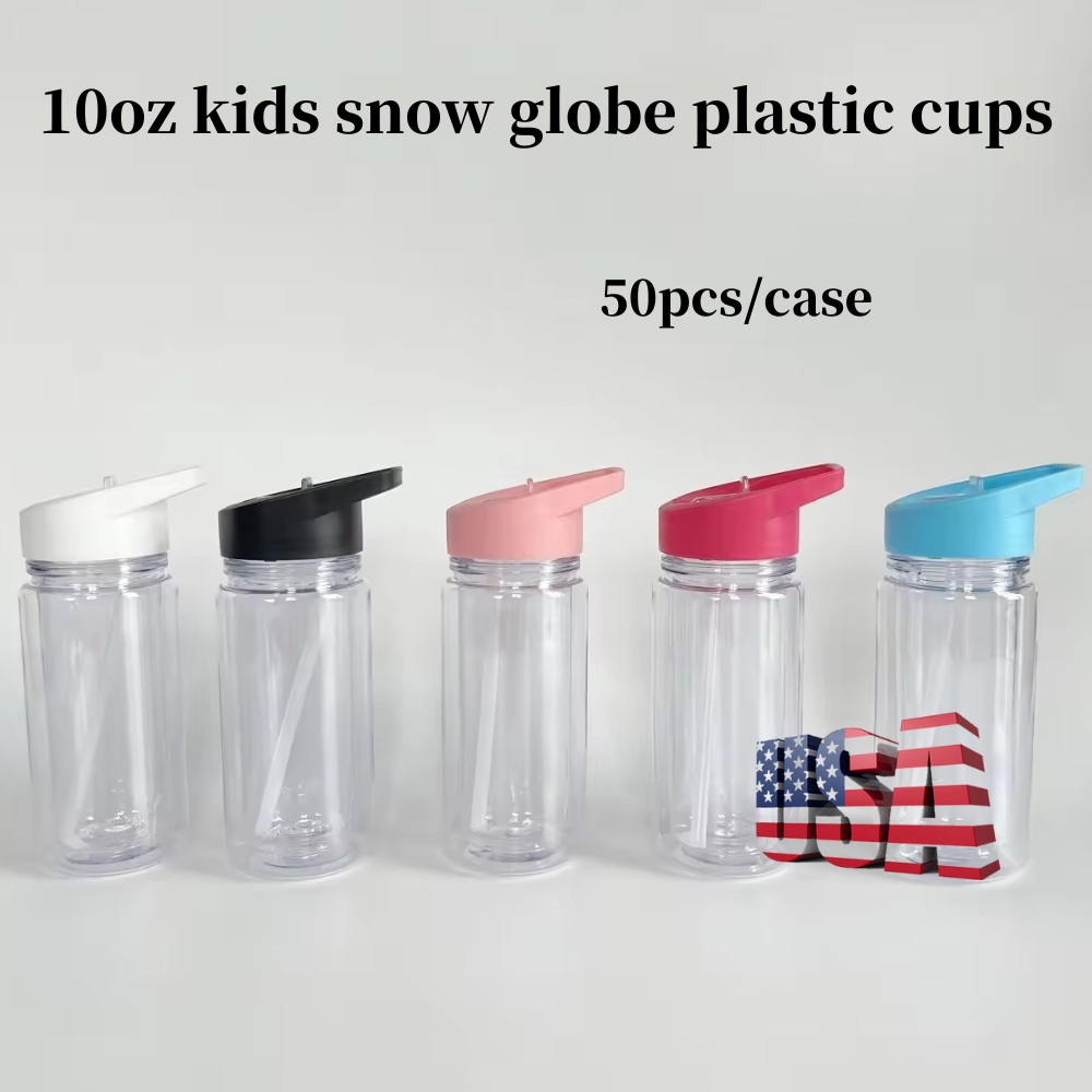 50Pack USA Warehouse 10oz Kids Double Wall Snow Globe Plastic Cups With Straw&Plug  and Pre-drilled Hole