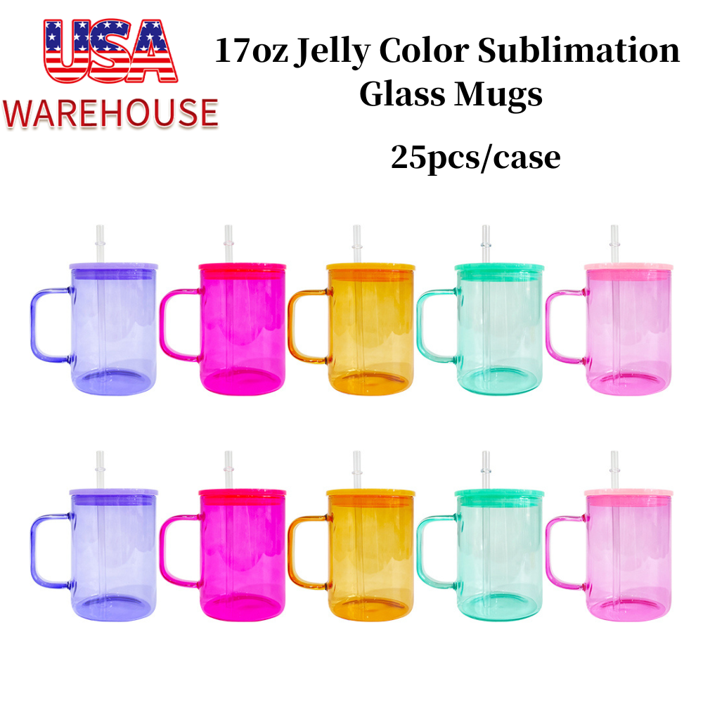 25Pack USAWarehouse 17oz Jelly Color Sublimation Glass Mugs with Colorful Lids and Clear Plastic Straw for UV DTF Wraps and Sublimation