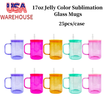 25Pack USAWarehouse 17oz Jelly Color Sublimation Glass Mugs with Colorful Lids and Clear Plastic Straw for UV DTF Wraps and Sublimation