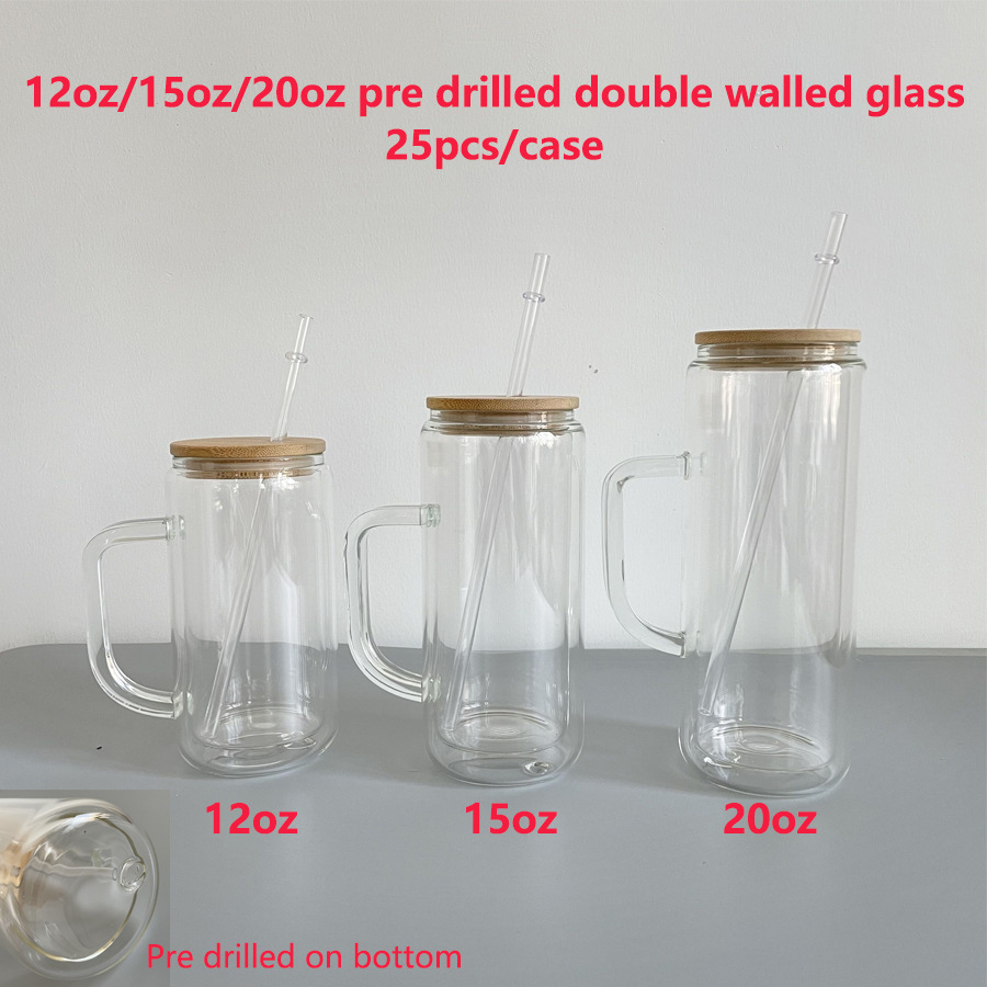 12oz 16oz 20oz Snow Globe Glass Pre Drilled Sublimation Mugs with Wooden Lids or Colorful Lids 25pack China Warehouse