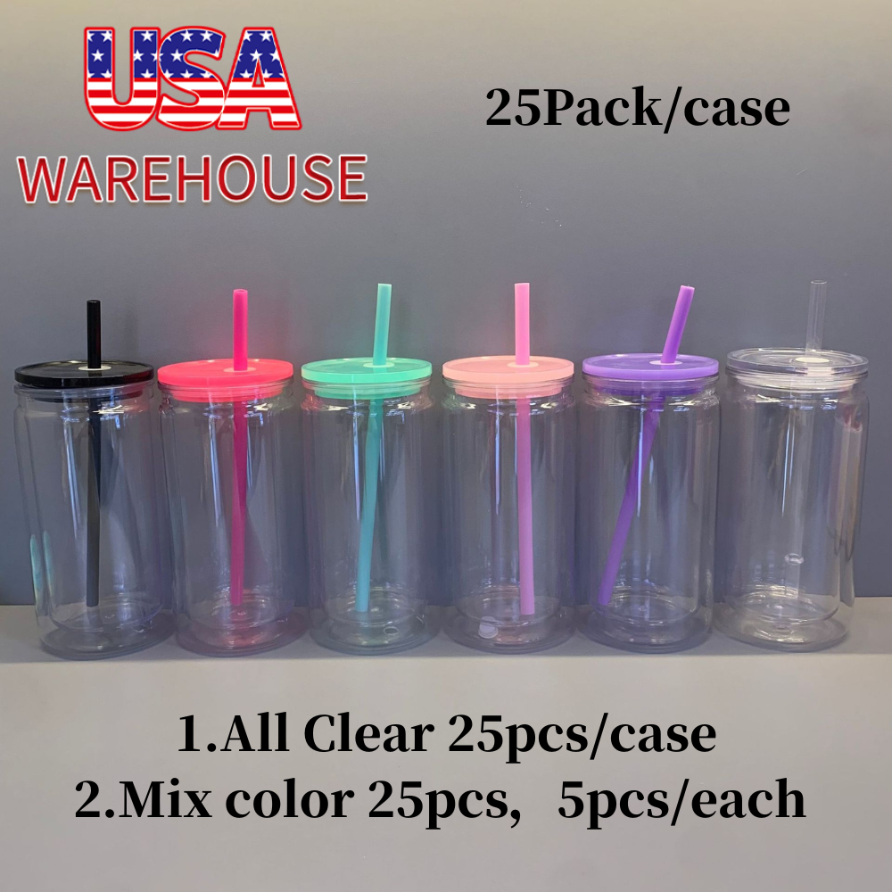 25Pack USA Warehouse Inner 12oz Outer 16oz Snow Globe Acrylic Plastic Can Double Wall Cups WIth Plug and Pre-Drilled Hole