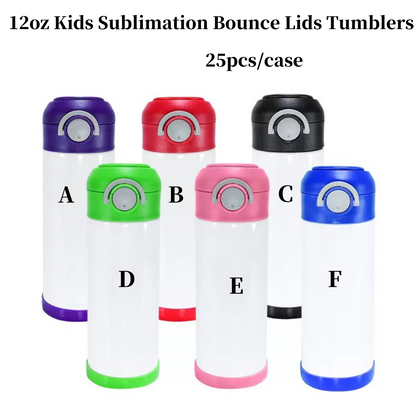 25 Pack China Warehouse 12oz Kids Bounce Lids Cup Sublimation Blank Tumbler Stainless Steel Pea Cup Portable Lock Vacuum Insulated Water Bottles for Children