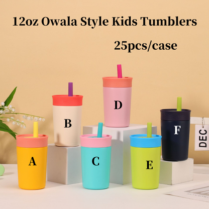 25Pack China Warehouse 12oz Owala Style Kids Double Wall Stainless Steel Cups with Silicone Straws Cute Macaron Color Tumblers for Laser Engraving