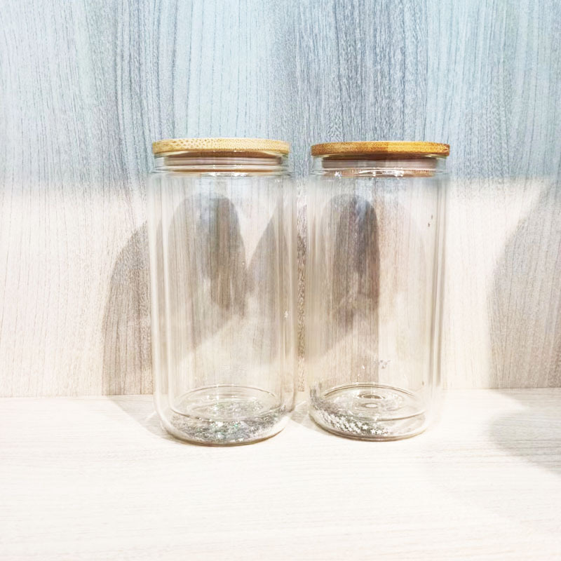 12oz Snow Globe Sublimation Glass Can with Wooden Lids Pre Drilled Hole with Plug 25Pack USA Warehouse