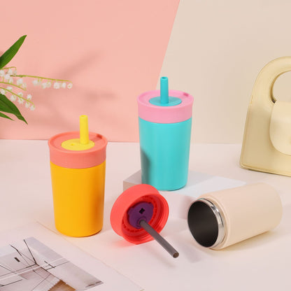 25Pack China Warehouse 12oz Owala Style Kids Double Wall Stainless Steel Cups with Silicone Straws Cute Macaron Color Tumblers for Laser Engraving