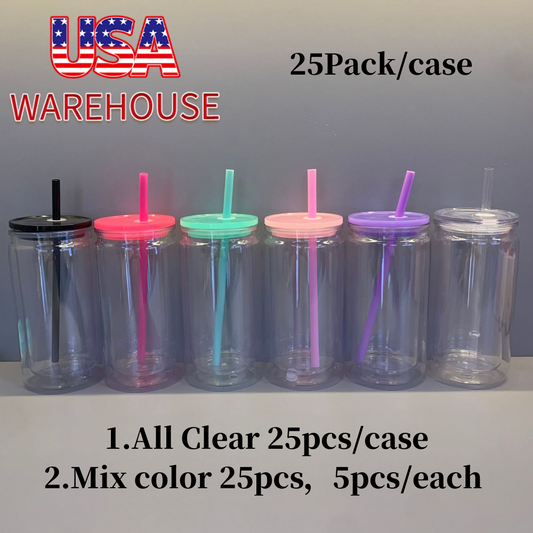 Inner 12oz Outer 16oz Snow Globe Acrylic Plastic Can Double Wall Cups WIth Plug and Pre-Drilled Hole 25Pack USA Warehouse