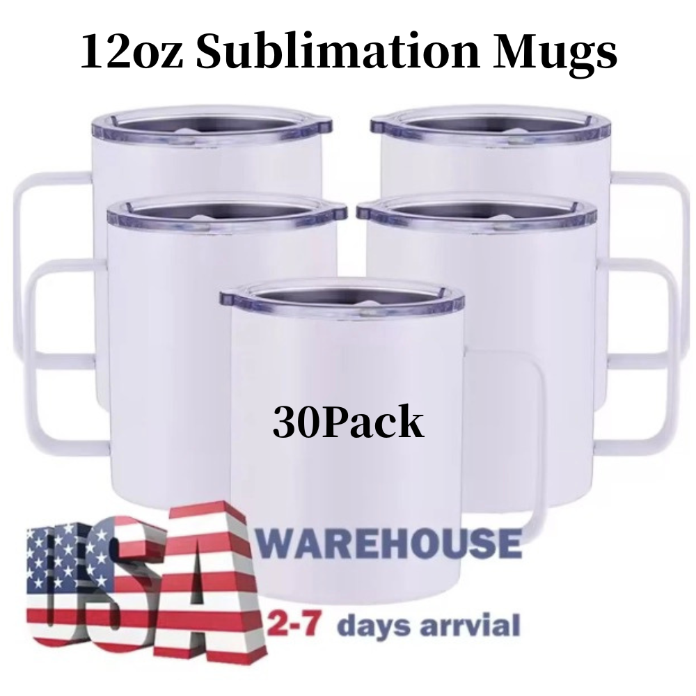 30Pack USA Warehouse 12oz White Blank Sublimation Stainless Steel Tumblers with Handle Water Coffee Mugs for Heat Press