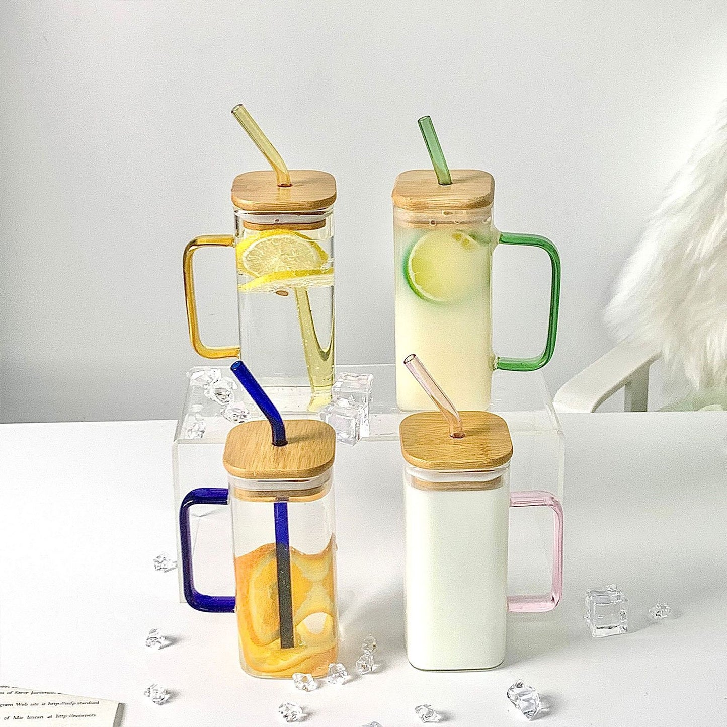 300-400ML Square Glass Mugs With Handle And Bamboo Lids For UV DTF Wraps 50Pack China Warehouse
