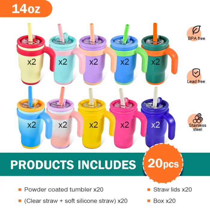 Kids 14oz Stainless Steel Colorful Water Mugs for Laser Engraved 20 Pack USA Warehouse