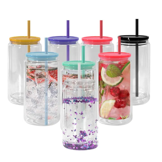 25Pack USA Warehouse 15oz Snow Globe Glass Can with Color Lids and Straw for Sublimation