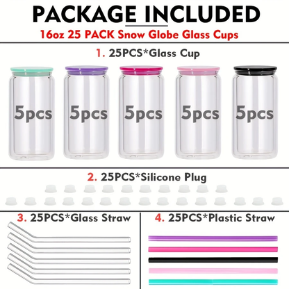 15oz Snow Globe Sublimation Glass Can with Pre-Drilled Hole and Plug 25Pack USA Warehouse