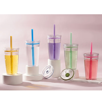 20Pack China Warehouse 2025 Summer 15oz 450ml Tritan Plastic Cups with Color Straw and Stainless Steel Straw Brush