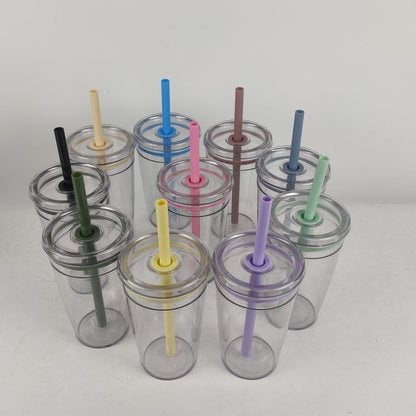 20Pack China Warehouse 2025 Summer 15oz 450ml Tritan Plastic Cups with Color Straw and Stainless Steel Straw Brush