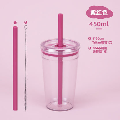 20Pack China Warehouse 2025 Summer 15oz 450ml Tritan Plastic Cups with Color Straw and Stainless Steel Straw Brush