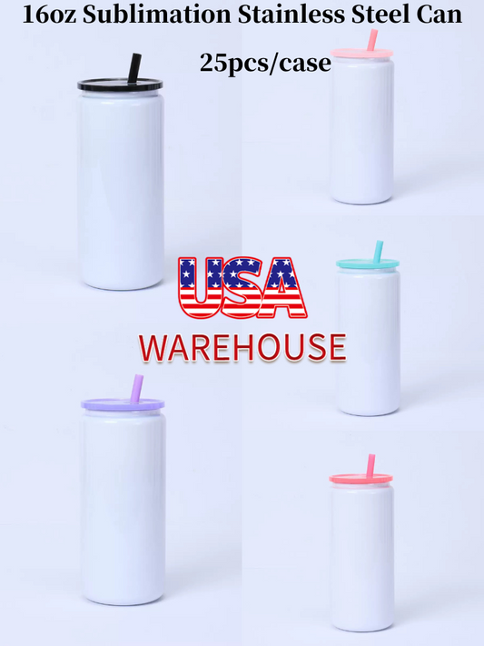 25Pack USA Warehouse 16oz Blank Sublimation White Color Stianless Steel Can Tumblers with Colorful Lids