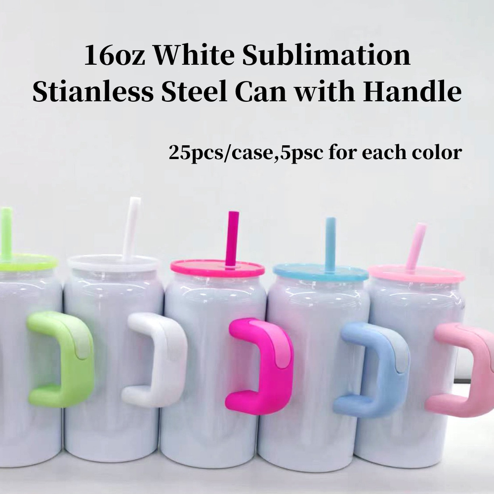 25 Pack 16oz Stainless Steel Can With Handle for Sublimation Double Wall Blank White Sub Metal Mugs for UV DTF Wraps