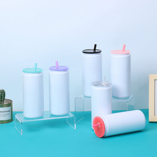 16oz Blank Sublimation White Color Stianless Steel Can Tumblers with Colorful Lids 25Pack USA Warehouse
