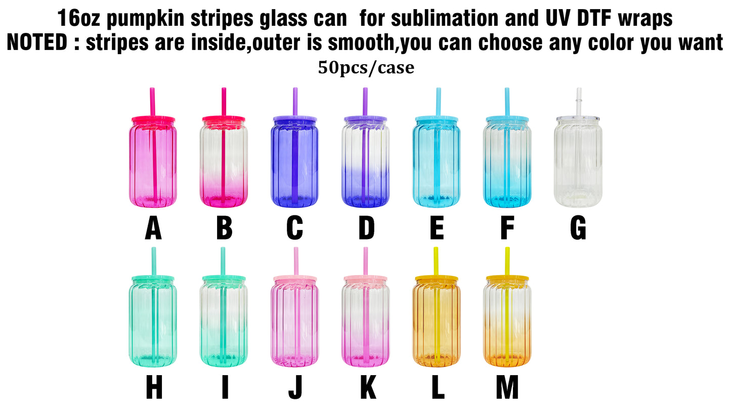 16oz Pumpkin Style Stripe Ombre Jelly Color Sublimation Glass Can for UV DTF Wraps 50Pack China Warehouse
