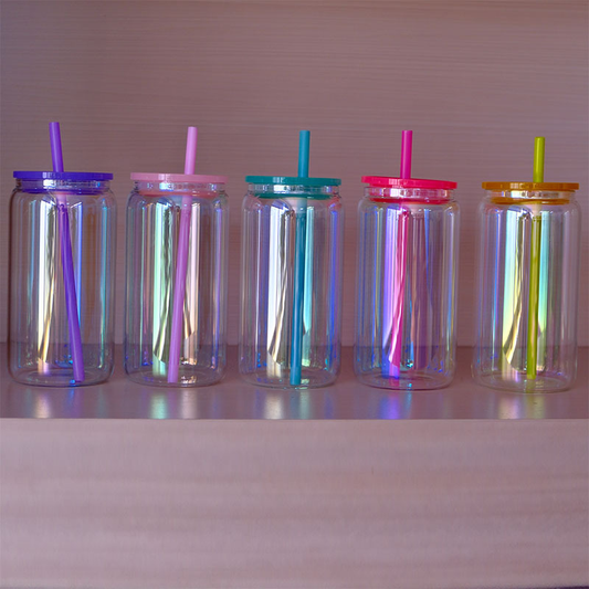 16oz Rainbow Shimmer Color Glass Can For Sublimation And UV DTF Wraps 25 Pack 50 Pack China Warehouse