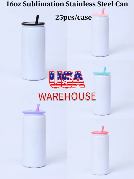 16oz Blank Sublimation White Color Stianless Steel Can Tumblers with Colorful Lids 25Pack USA Warehouse
