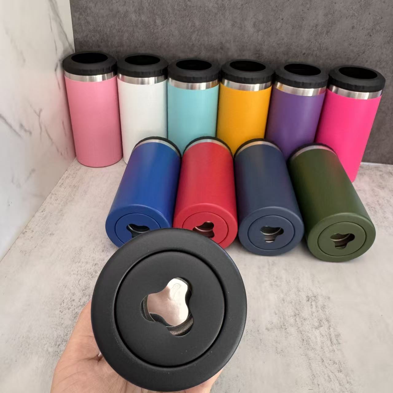 4 in one 16oz Powder Coated Cooler Can with Two Lids Bottom with Opener for Laser Engraved 25Pack China Warehouse
