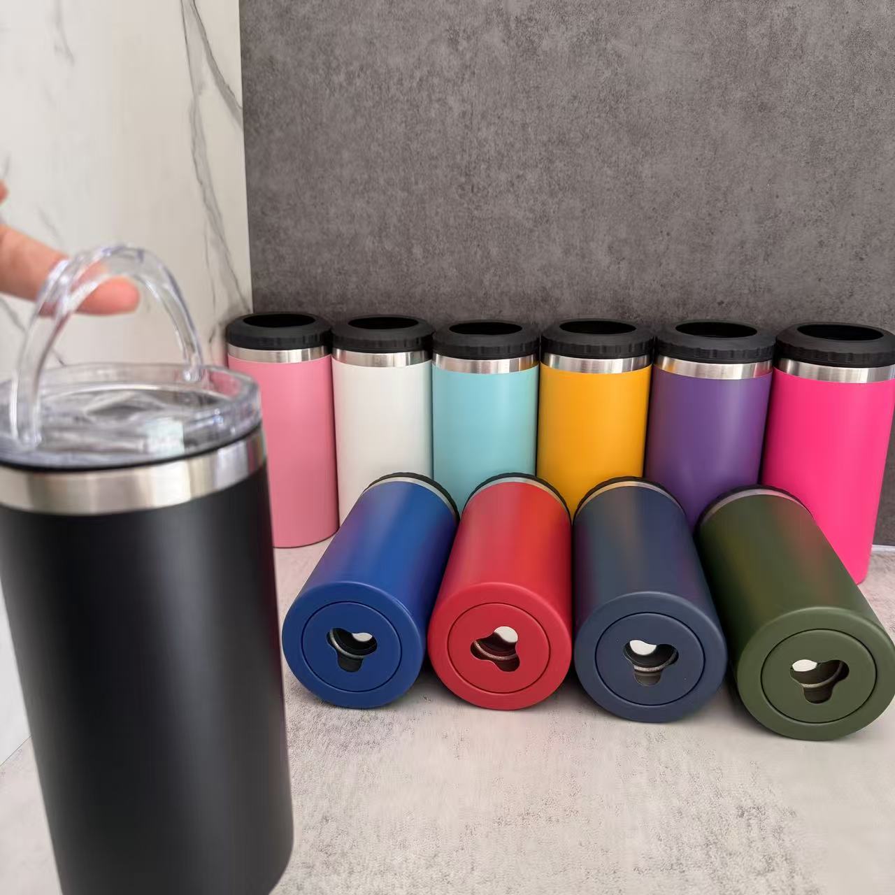 4 in one 16oz Powder Coated Cooler Can with Two Lids Bottom with Opener for Laser Engraved 25Pack China Warehouse