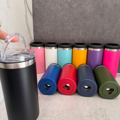 4 in one 16oz Powder Coated Cooler Can with Two Lids Bottom with Opener for Laser Engraved 25Pack China Warehouse