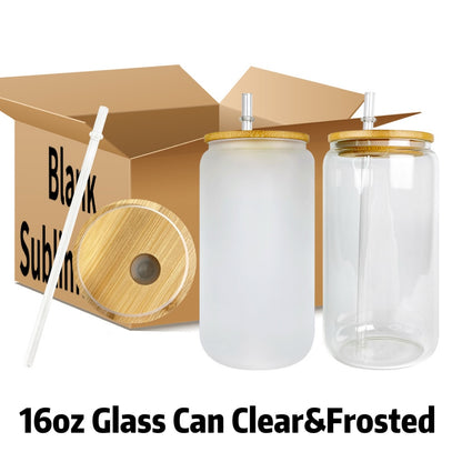 16oz Clear Frosted Blank Sublimation Glass Can with Wooden Lids 25 Pack 50Pack China Warehouse