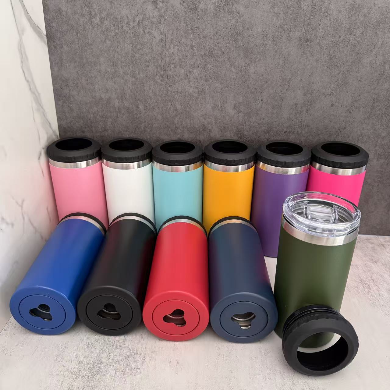 4 in one 16oz Powder Coated Cooler Can with Two Lids Bottom with Opener for Laser Engraved 25Pack China Warehouse