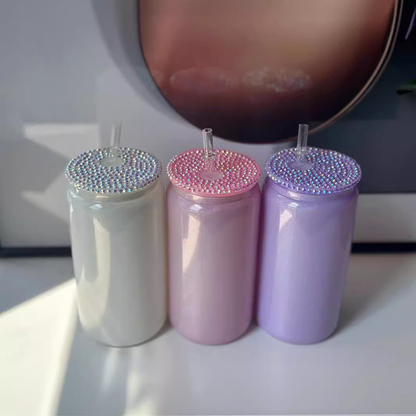 16oz Shimmer Rainbow Color Blank Sublimation Glass Can with Plastic Wooden Bling Lids 50Pack China Warehouse