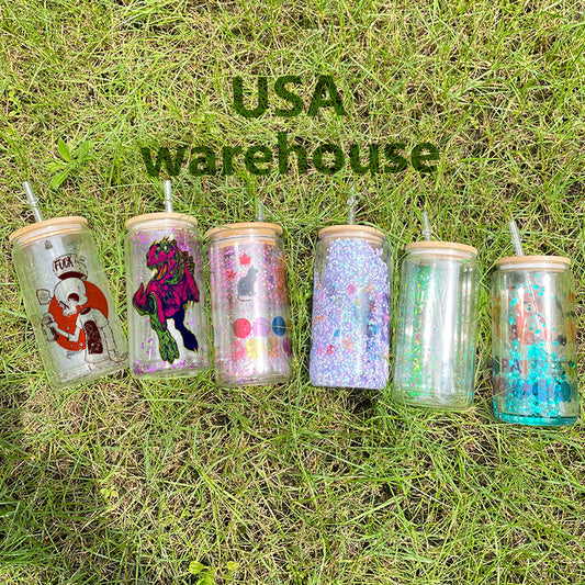 25Pack USA Warehouse 16oz Snow Globe Sublimation Glass Can with Wooden Lids Pre Drilled Hole Cups with Plug