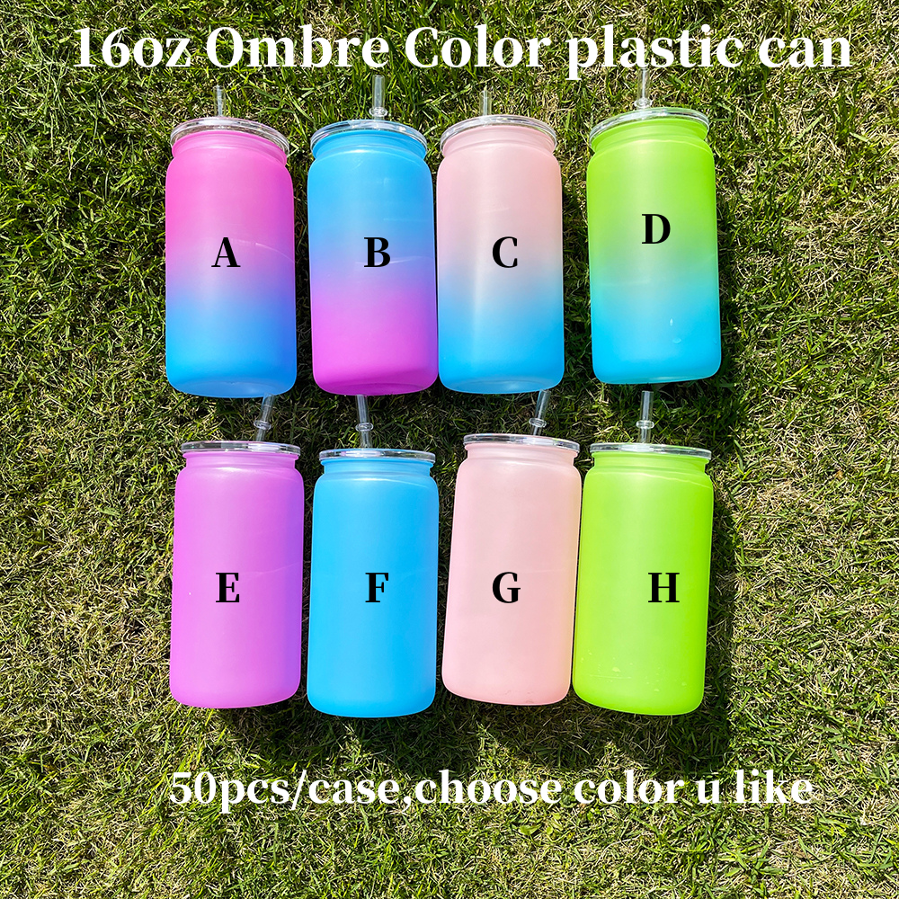 Wholesale 16oz Plastic Can Clear Frosted Neon Macaron Jelly Ombre Color Style Acrylic Can for UV DTF Wraps 50 Pack China