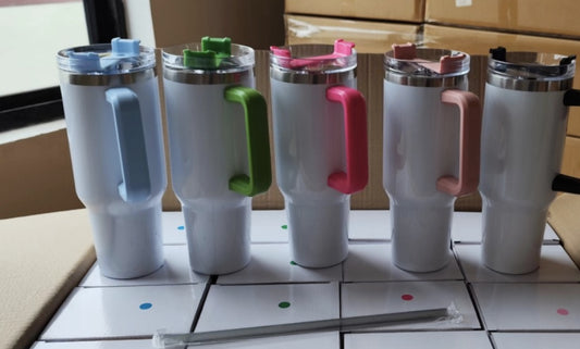 H1.0 40oz Glossy White Blank Sublimation Double Vacuum Mugs with Color Handle 20Pack China Warehouse