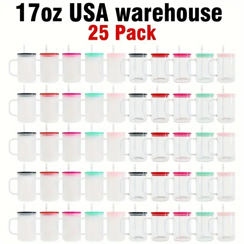 17oz Clear&Frosted Glass Mugs for Blank Sublimation UV DTF Wraps and Vinyl 25 Pack USA Warehouse