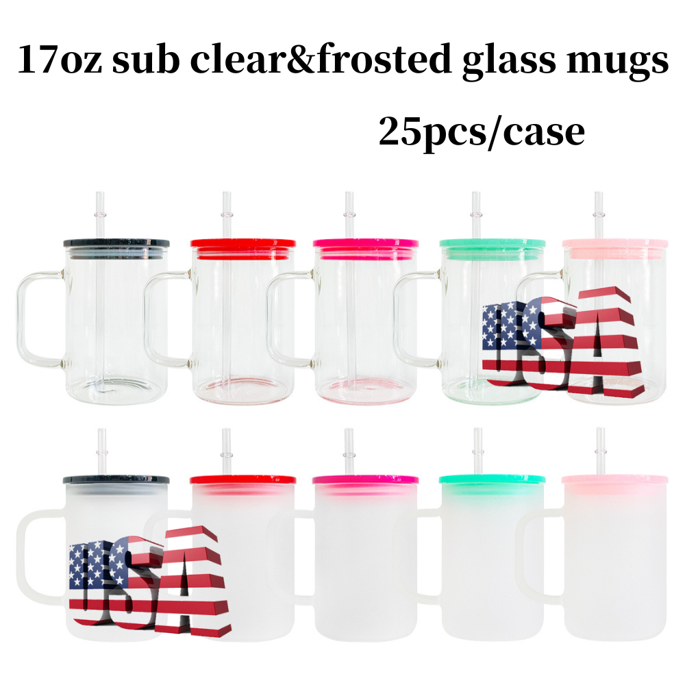 25 Pack USA Warehouse 17oz Clear&Frosted Glass Mugs With Lids and Straw for Blank Sublimation UV DTF Wraps and Vinyl